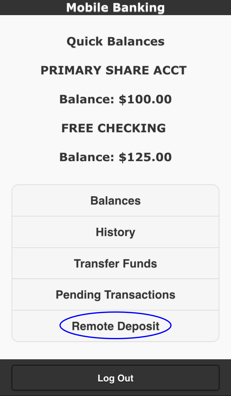 Quick balances at the top, click ‘remote deposit’ at the bottom.